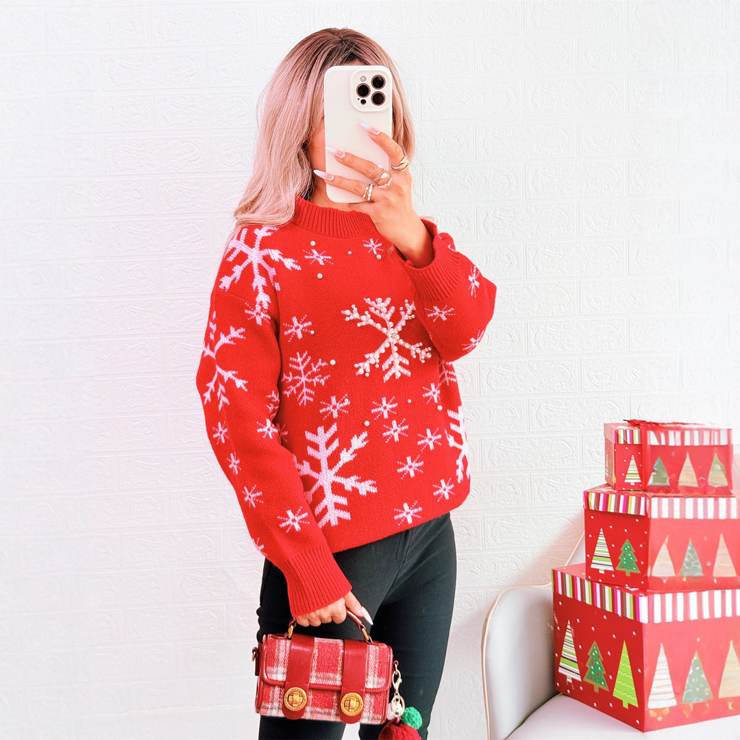 Damen Weihnachts-Pullover mit festlichem Schneemuster und hohem Kragen Drune