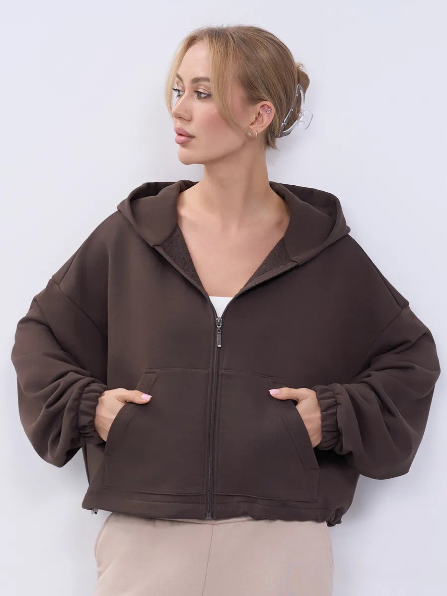 Damen Cropped Kapuzenjacke mit Reißverschluss und übergroßen Ärmeln Drune
