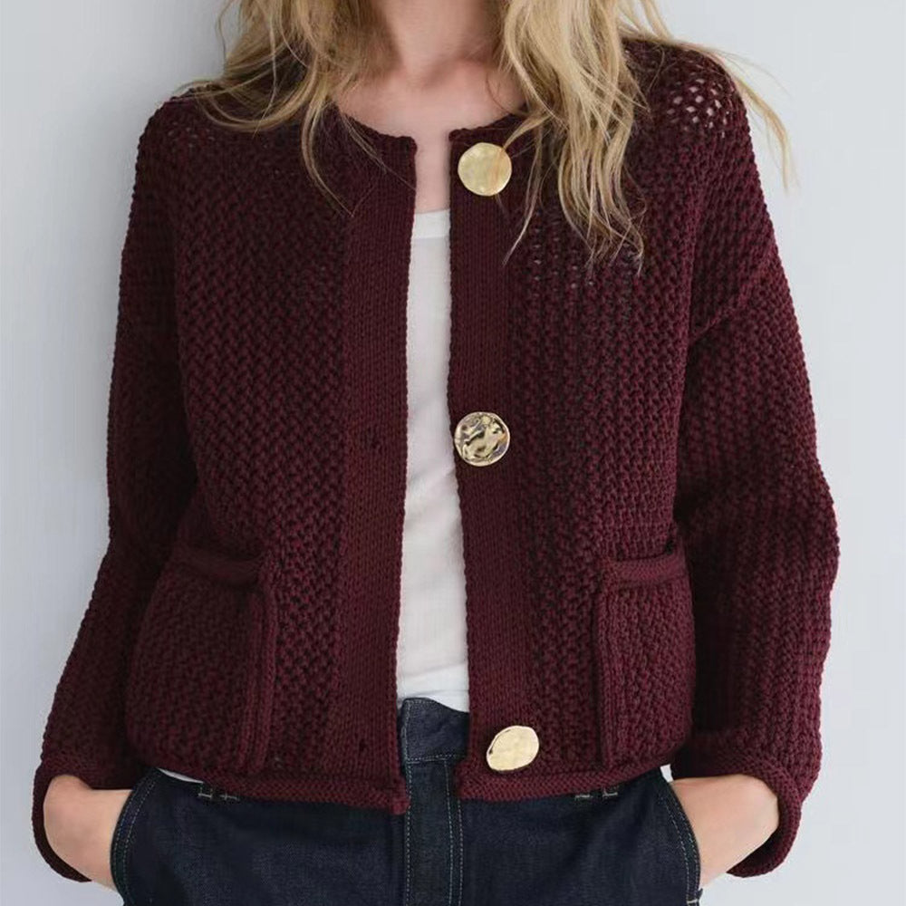 Damen modische Strickjacke mit goldenen Knöpfen und Eingrifftaschen Drune