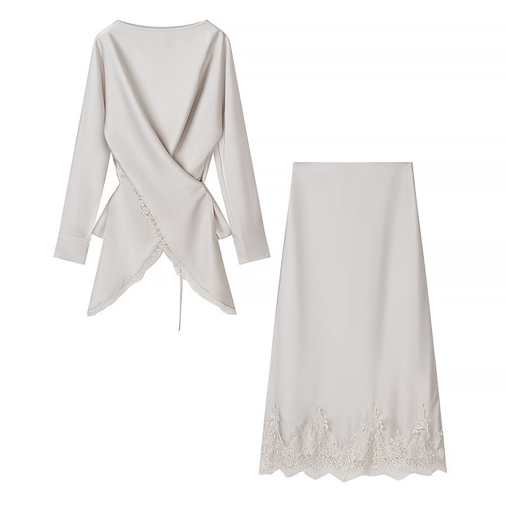 Damen elegante Wickelbluse mit Spitzenbesatz und passendem Rock Drune