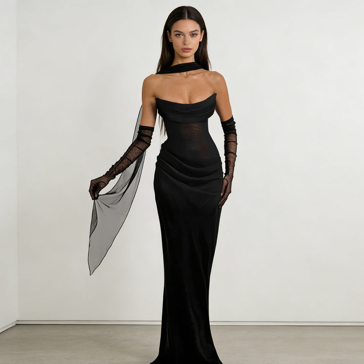 Damen Elegantes schulterfreies Maxikleid mit verführerischem Rüschendetail Drune