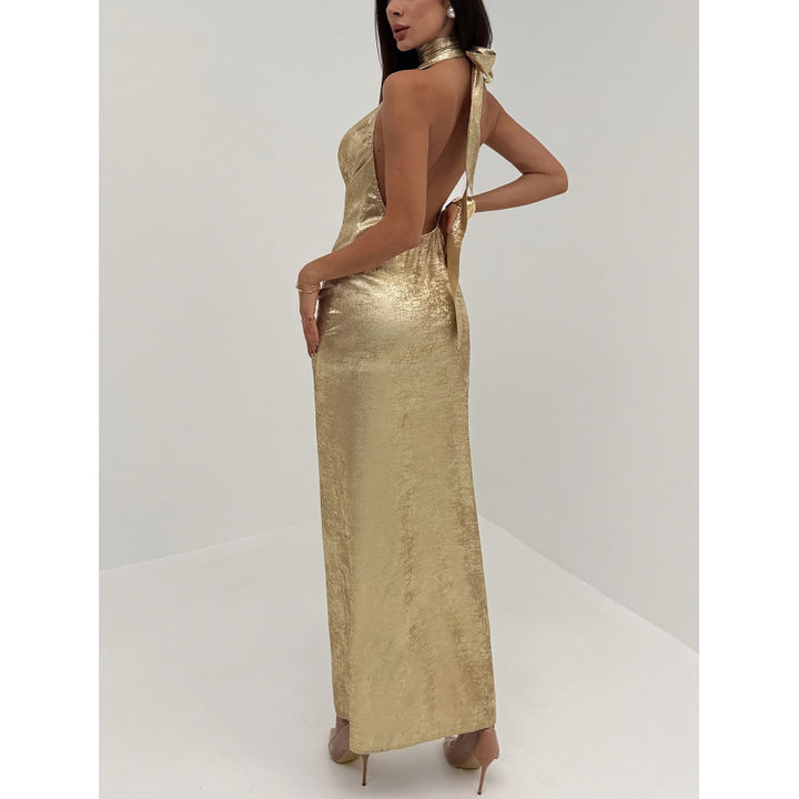 Damen Abendkleid mit tiefem V-Ausschnitt und schimmerndem Chiffon Drune