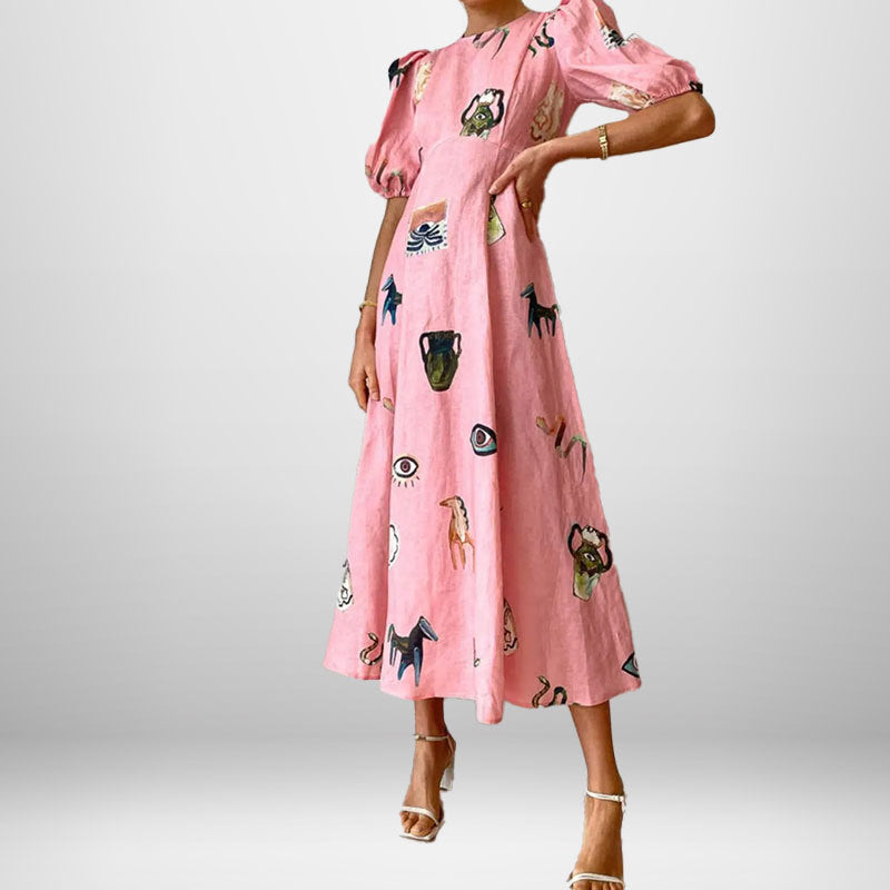 Damen Maxikleid mit künstlerischem Motiv und voluminösen Ärmeln Drune