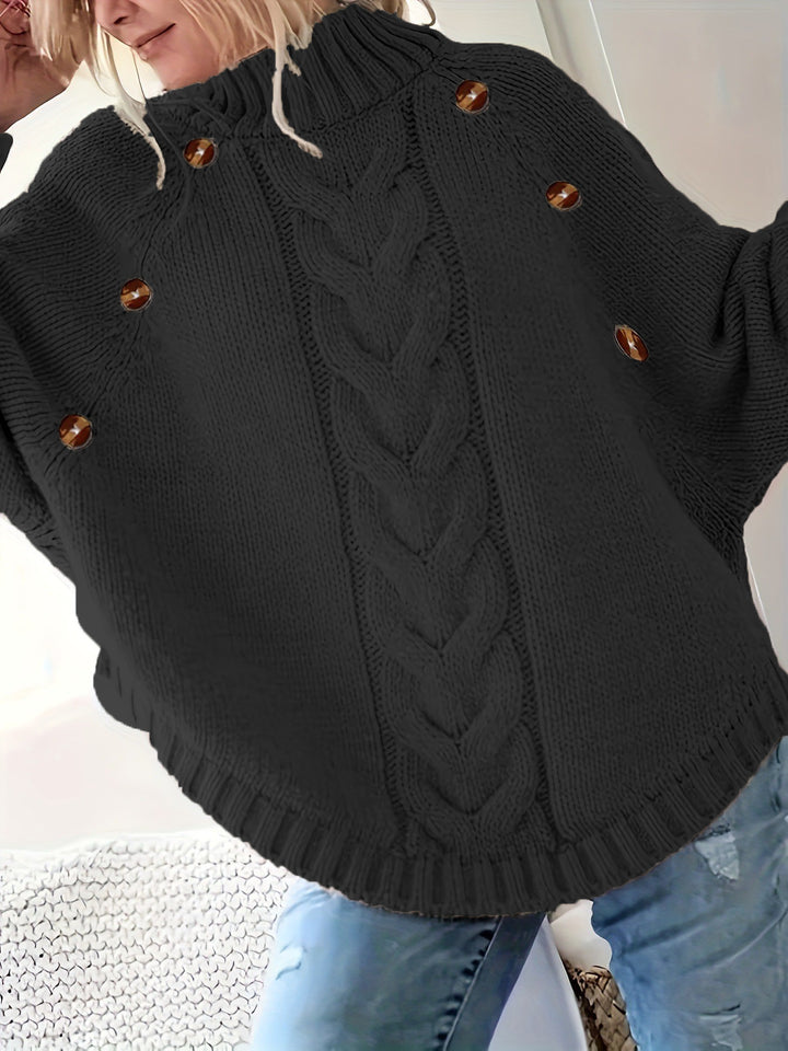Damen Grober Strickpullover mit modernem Zopfdesign und praktischen Knöpfen Drune