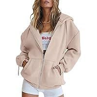 Damen nan Oversize-Zip-Hoodie mit Kapuze Kängurutaschen und weichem French-Terry Drune