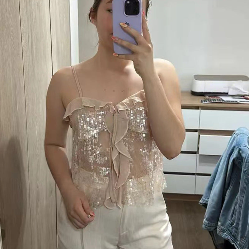 Damen Funktionsbluse mit Pailletten und Rüschen Drune