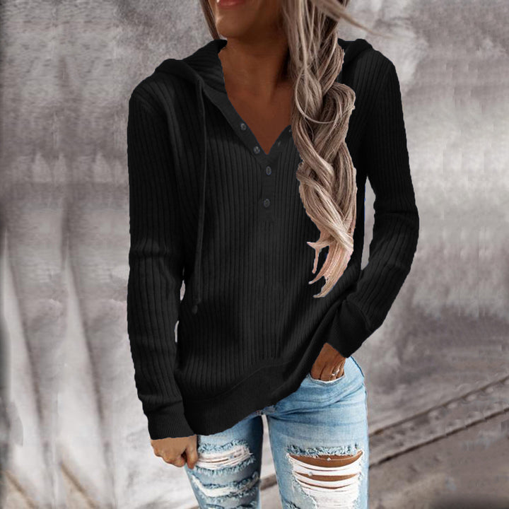 Damen Bequeme gestreifte Kapuzenpullover mit Knopfleiste Drune