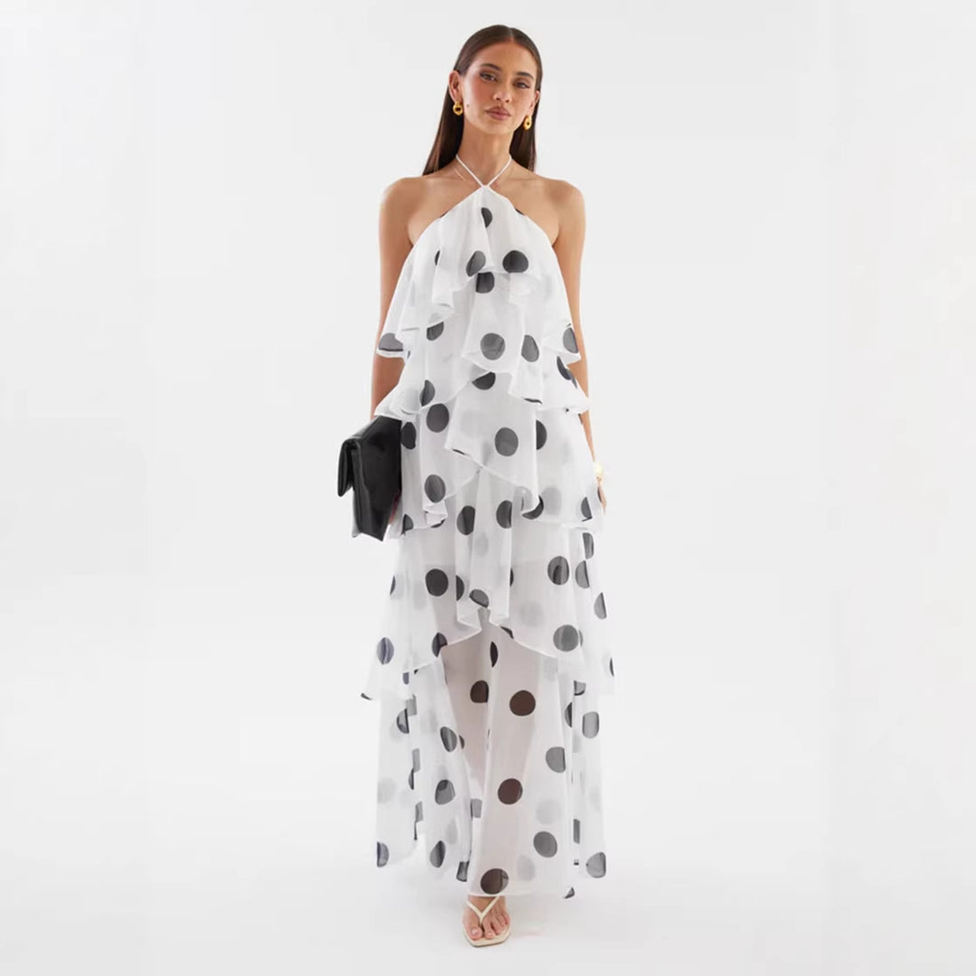 Damen Maxikleid mit schwingenden Volants und modernen Punkten Drune