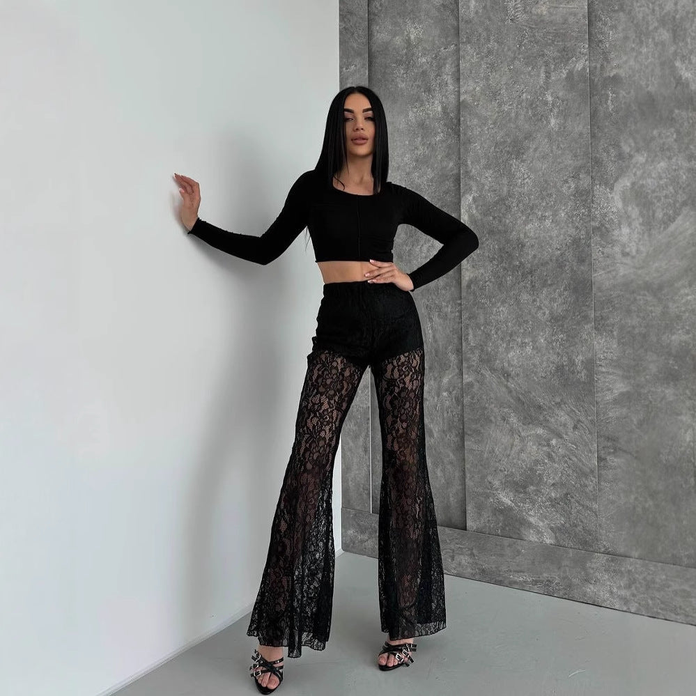 Damen eleganter Spitzen-Hosenanzug mit hoher Taille und fließendem Schnitt Drune