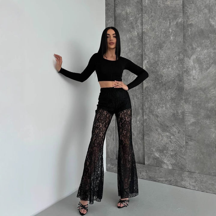 Damen eleganter Spitzen-Hosenanzug mit hoher Taille und fließendem Schnitt Drune