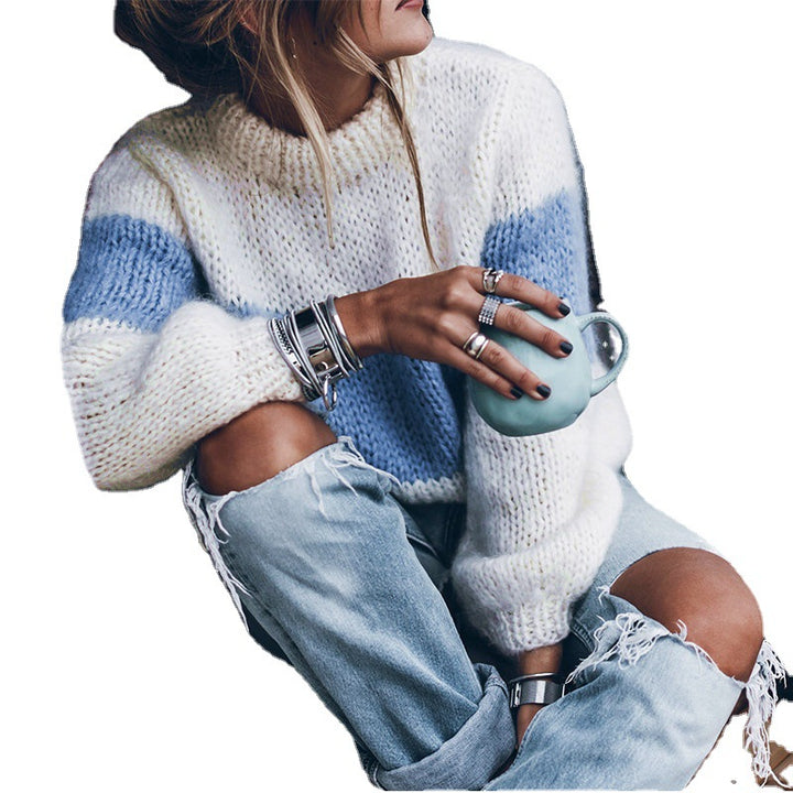 Damen lässiger Strickpullover mit Stehkragen und modernen Streifen Drune