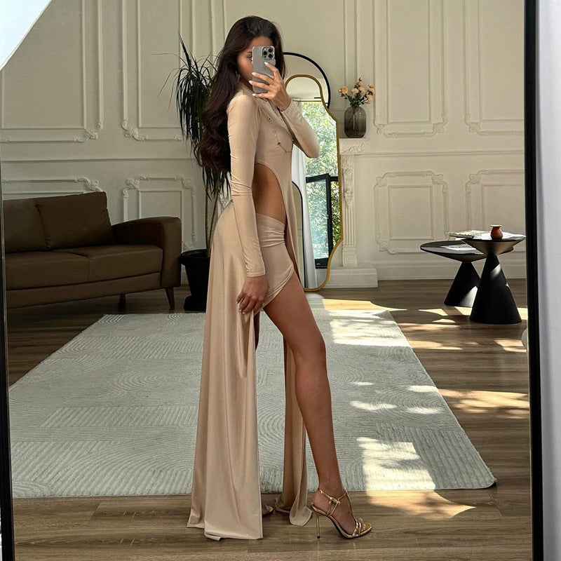 Damen Elegantes Maxikleid mit schmalem Schnitt und hohen Schlitzen Drune