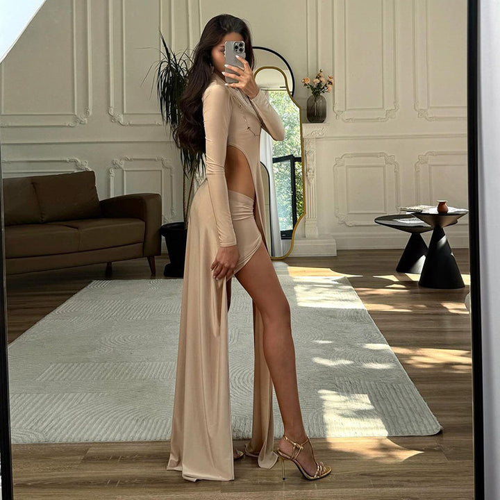 Damen Elegantes Maxikleid mit schmalem Schnitt und hohen Schlitzen Drune