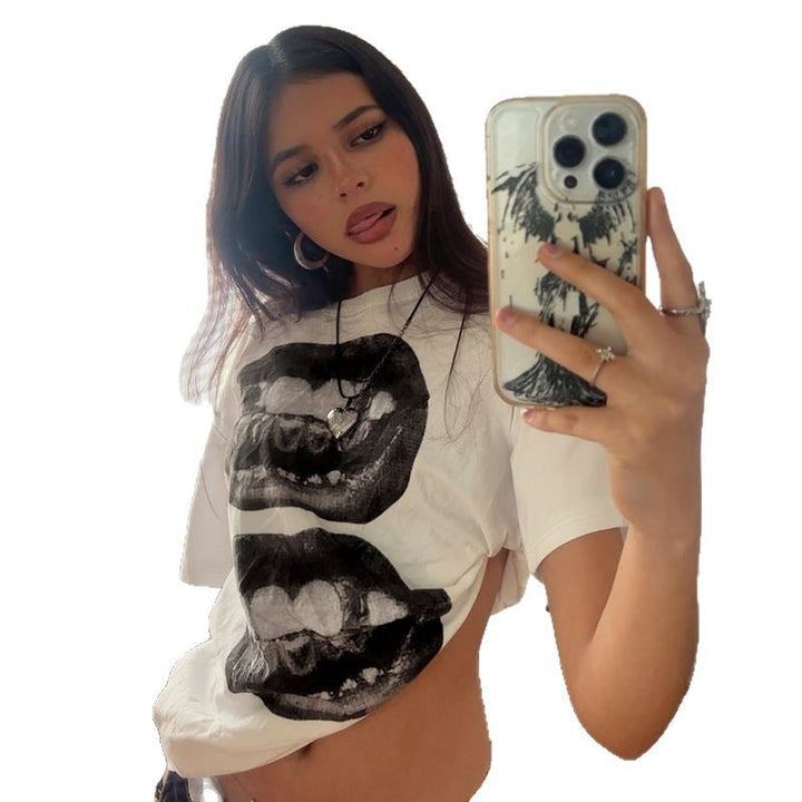 Damen lässiges T-Shirt mit glänzendem Kreuzdesign und großzügigem Ausschnitt Drune