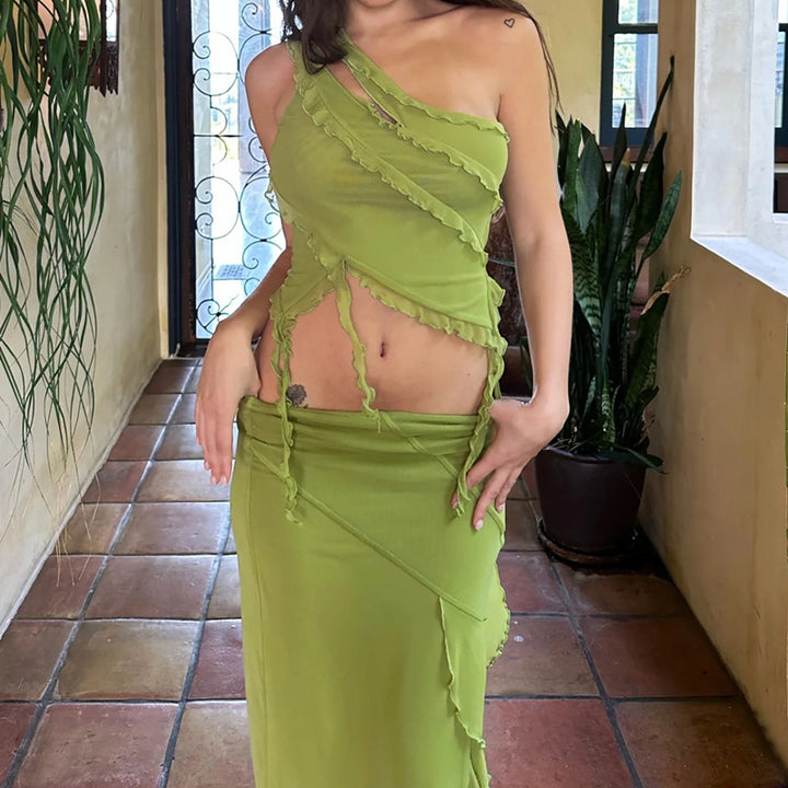 Damen hochgeschlossenes Maxikleid mit asymmetrischem Rüschendesign und eleganter Drapierung Drune