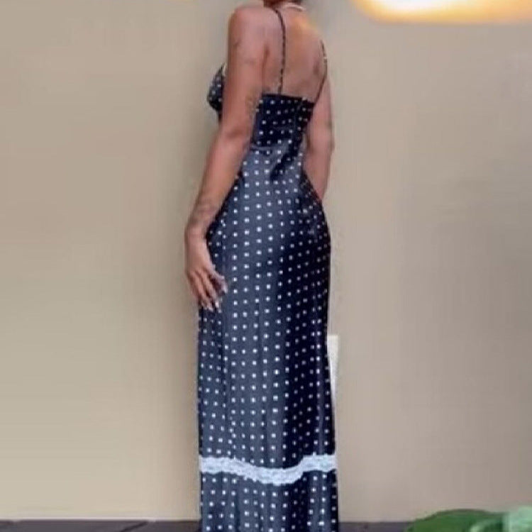 Damen Satin Nachthemd mit Spitzenapplikationen und Polka-Dots Drune