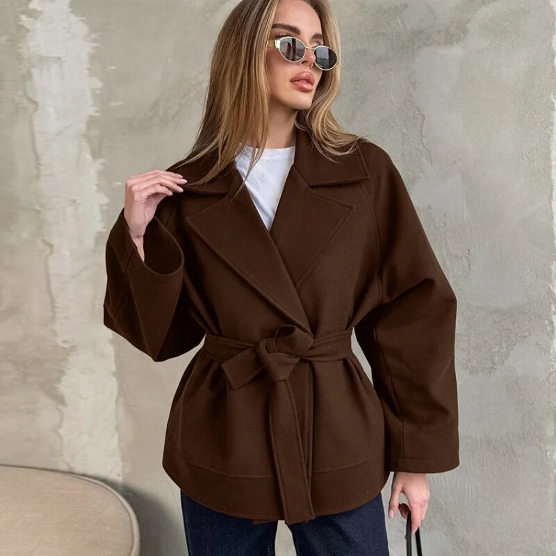Damen Modische Wickeljacke aus hochwertigem Material mit taillierbarem Gürtel Drune