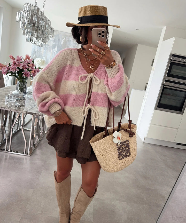 Damen lockere Strickjacke mit breiten Streifen und Bindegürtel Drune