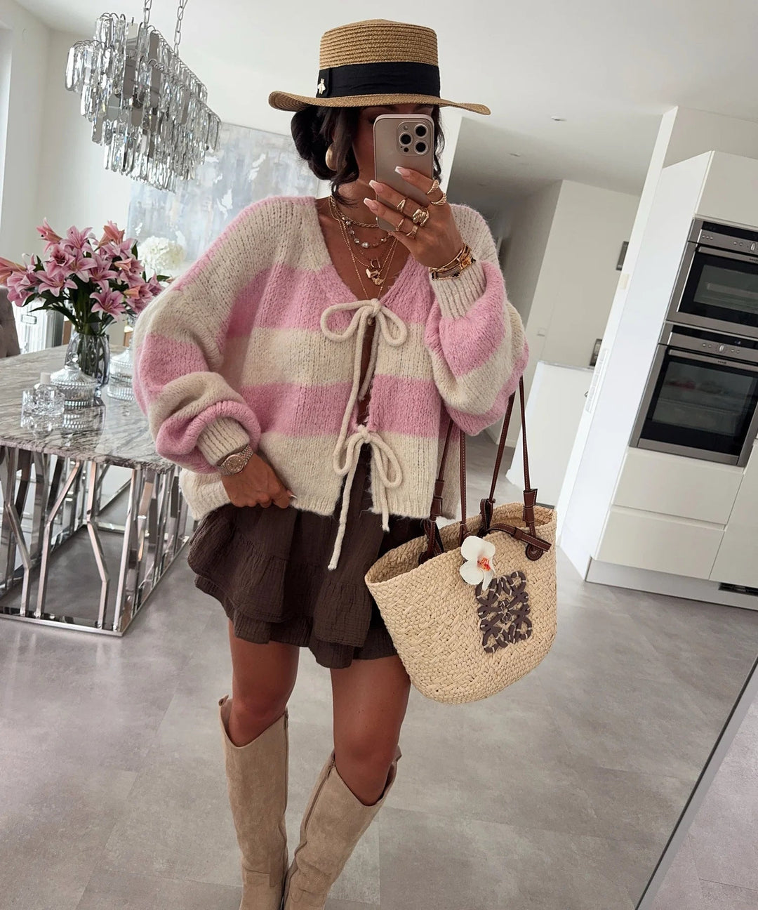Damen lockere Strickjacke mit breiten Streifen und Bindegürtel Drune