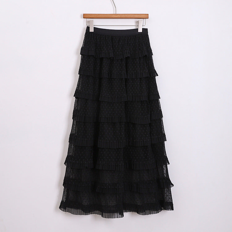 Damen nan mehrlagiger Midirock mit Punktchiffon-Volants und elastischem Komfortbund Drune