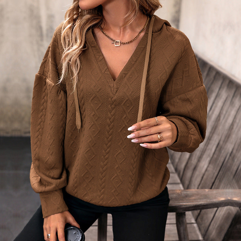 Damen bequemer Hoodie mit strukturiertem Muster und V-Ausschnitt Drune