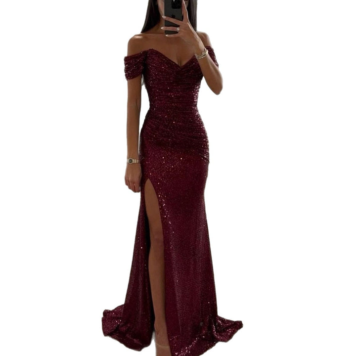 Damen Glamouröses Abendkleid mit schulterfreiem Schnitt und schimmerndem Stoff Drune