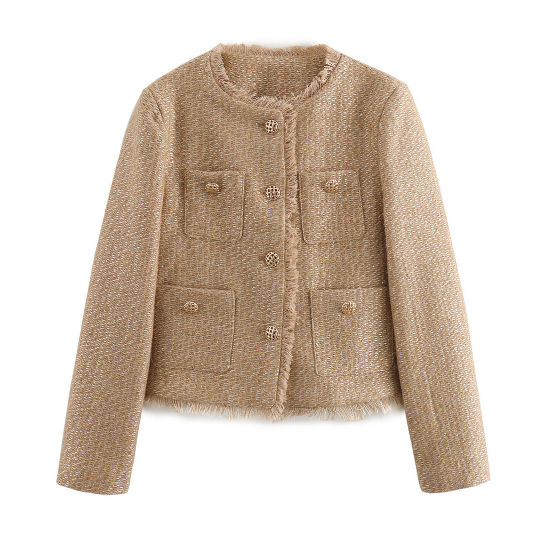Damen elegante Tweed-Jacke mit Fransen und dekorativen Knöpfen Drune