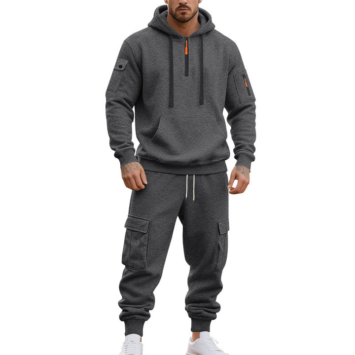 Herren nan zweiteiliges Utility-Freizeitset Hoodie mit halbhohem Reißverschluss, Ärmeltasche und Cargo-Jogginghose mit Klappentaschen Drune