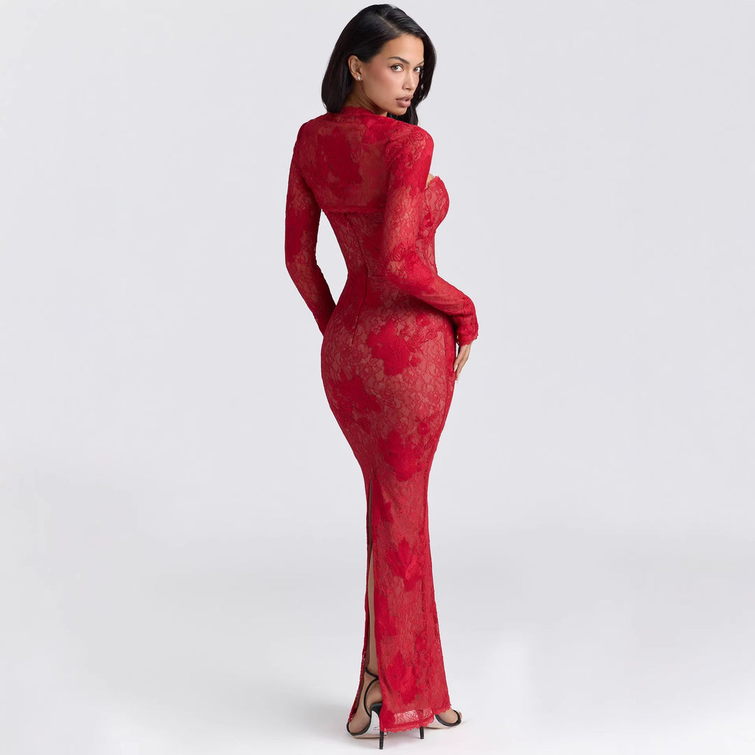 Damen Elegantes Spitzenabendkleid mit langem Arm und verführerischem Schnitt Drune