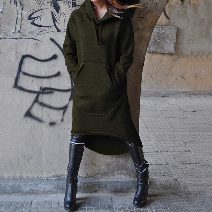 Damen nan Oversize Kapuzenkleid mit hohem Rückensaum, Kängurutasche und lässigem Streetstyle-Schnitt Drune