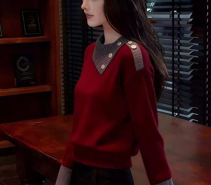 Damen Modischer Piqué Pullover mit Knopfdetails Drune