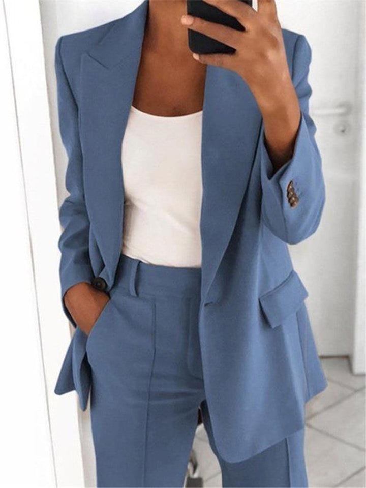Damen nan bürotaugendes Hosenanzug Set mit weiter Hose und tailliertem Blazer Drune
