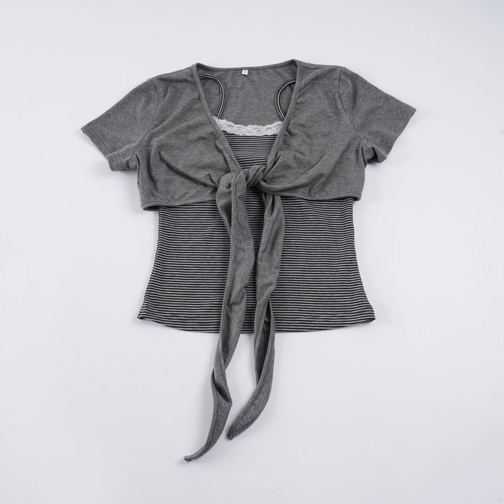 Damen kurzes T-Shirt mit Knoten-Detail und gestreiftem Design Drune
