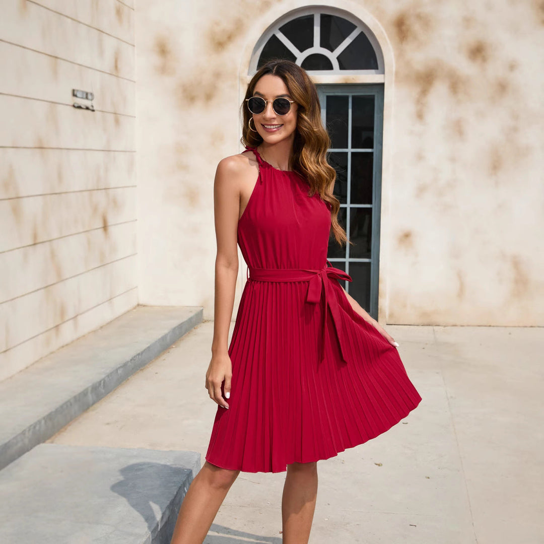 Damen Plissiertes Sommerkleid mit tailliertem Gürtel und Halterneck Drune