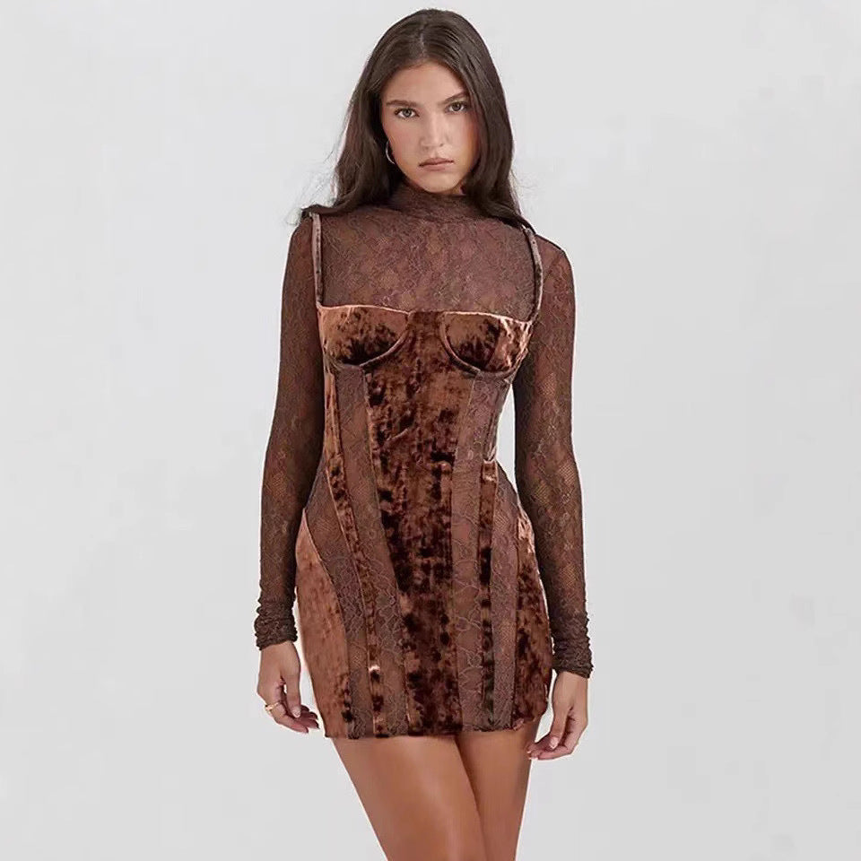 Damen elegantes Spitzen-Minikleid mit Samt-Detail und figurbetontem Schnitt Drune