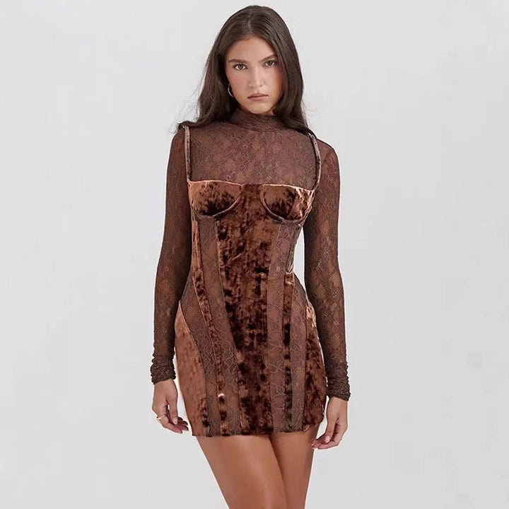 Damen elegantes Spitzen-Minikleid mit Samt-Detail und figurbetontem Schnitt Drune