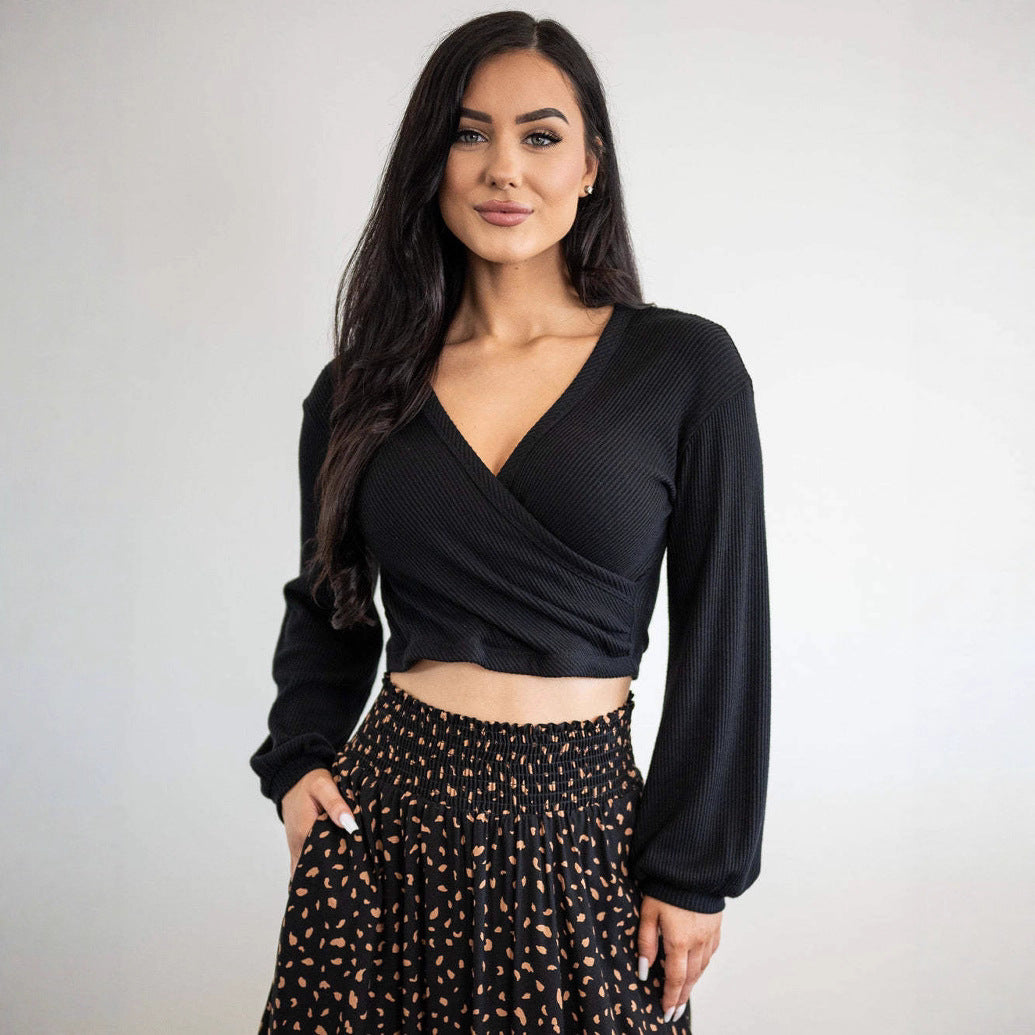 Damen eleganter Wickelpullover mit langem Arm Drune
