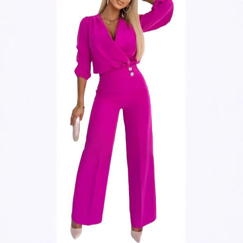 Damen eleganter Jumpsuit mit Wickeloberteil und hochtaillierten Beinen Drune
