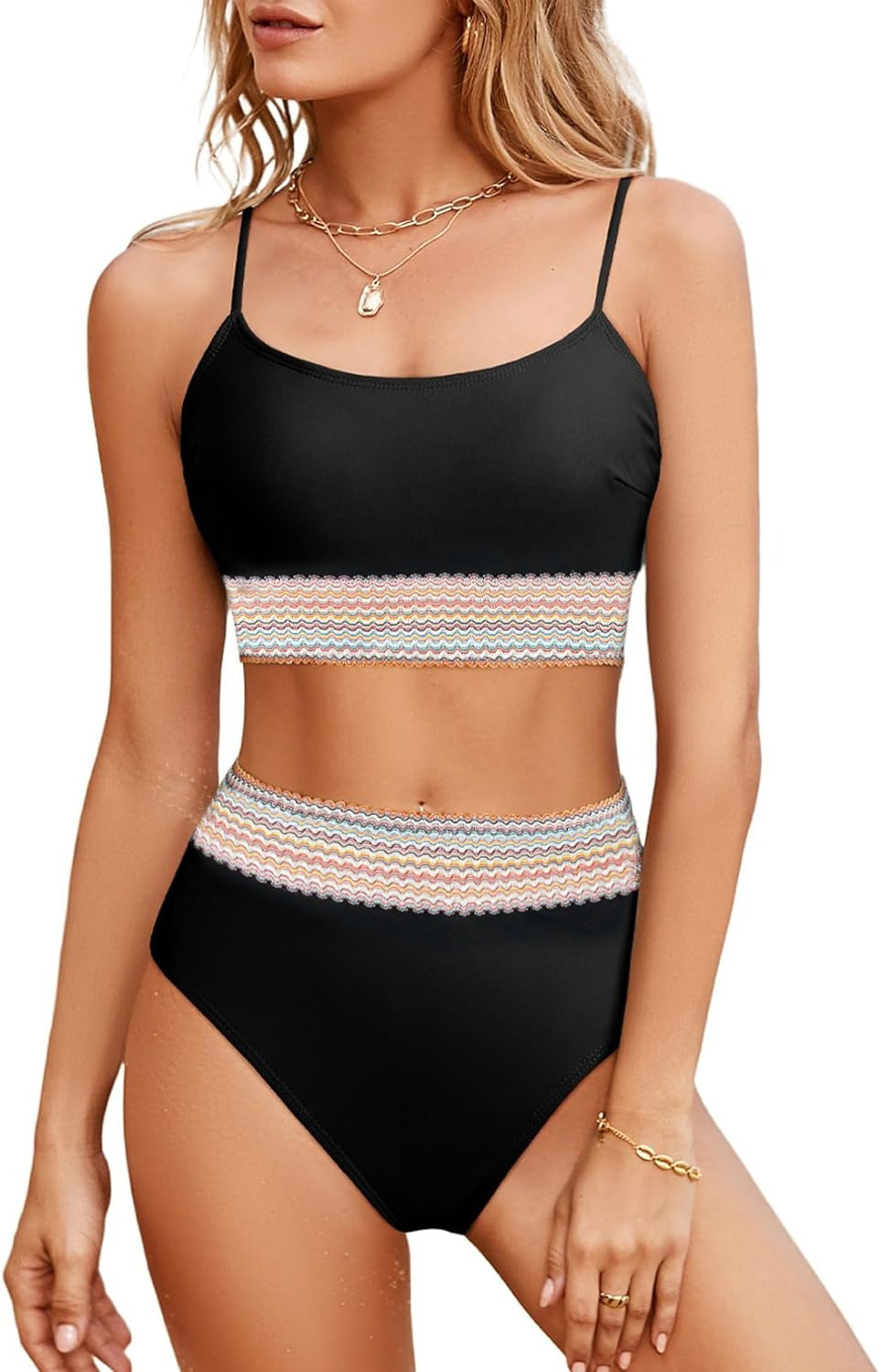 Damen Sportliches Bikini-Set mit hohem Bund und buntem Wellenmuster Drune