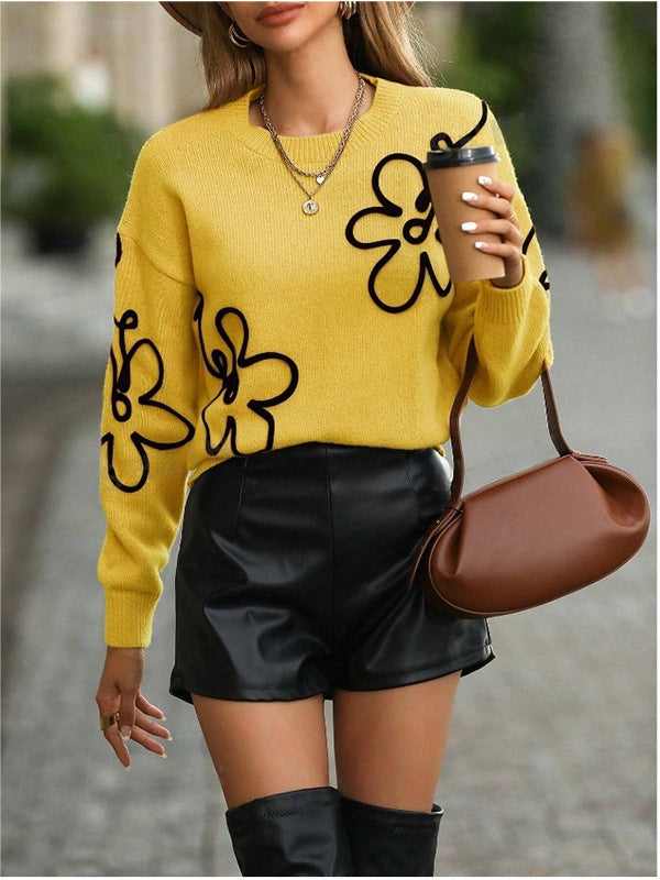 Damen Modischer Strickpullover mit floralen Applikationen und weitem Schnitt Drune