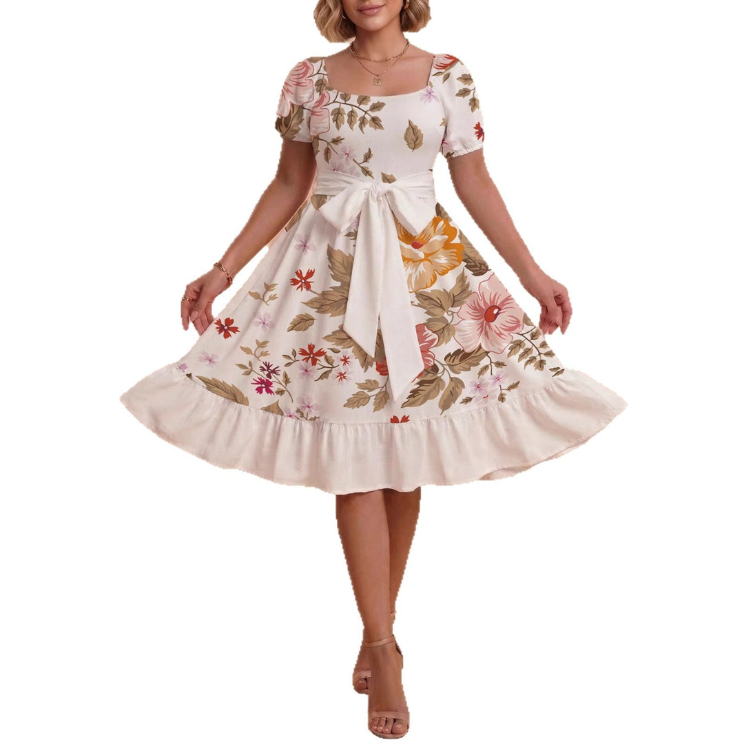 Damen Sommerliches Blumenkleid mit taillierbarem Gürtel und voluminösen Ärmeln Drune