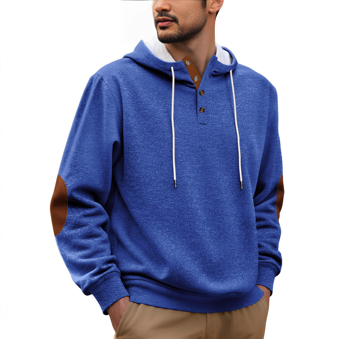 Herren nan Kapuzenpullover im puristischen Freizeitstil mit Henley-Knopfleiste, kontrastierter Kapuzeninnenseite und Ellenbogenaufnähern Drune