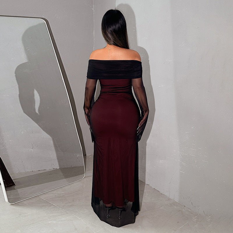 Damen Maxikleid mit schulterfreiem Oberteil und Rüschendetails Drune