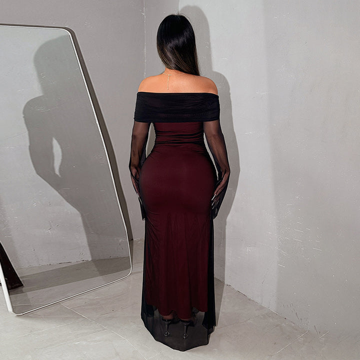 Damen Maxikleid mit schulterfreiem Oberteil und Rüschendetails Drune