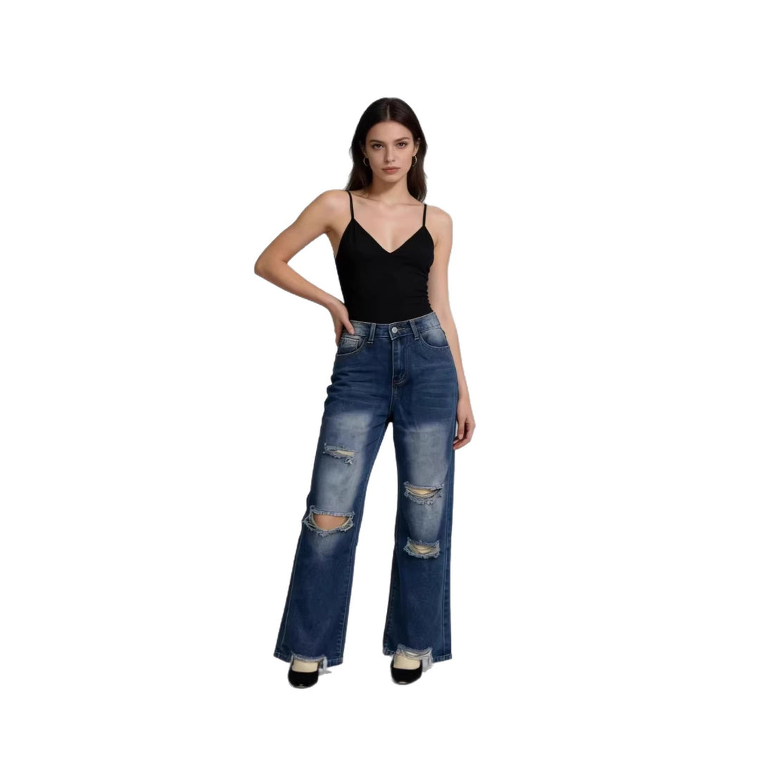 Damen nan hochgeschnittene Relaxed-Jeans mit weitem Bein, Knie-Rips und rohem Saum Drune
