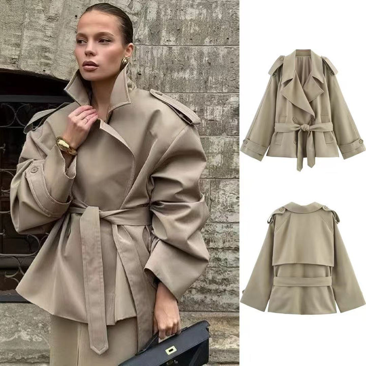 Damen nan kurze Trenchcoat-Jacke mit Taillengürtel und Doppelreiher Drune