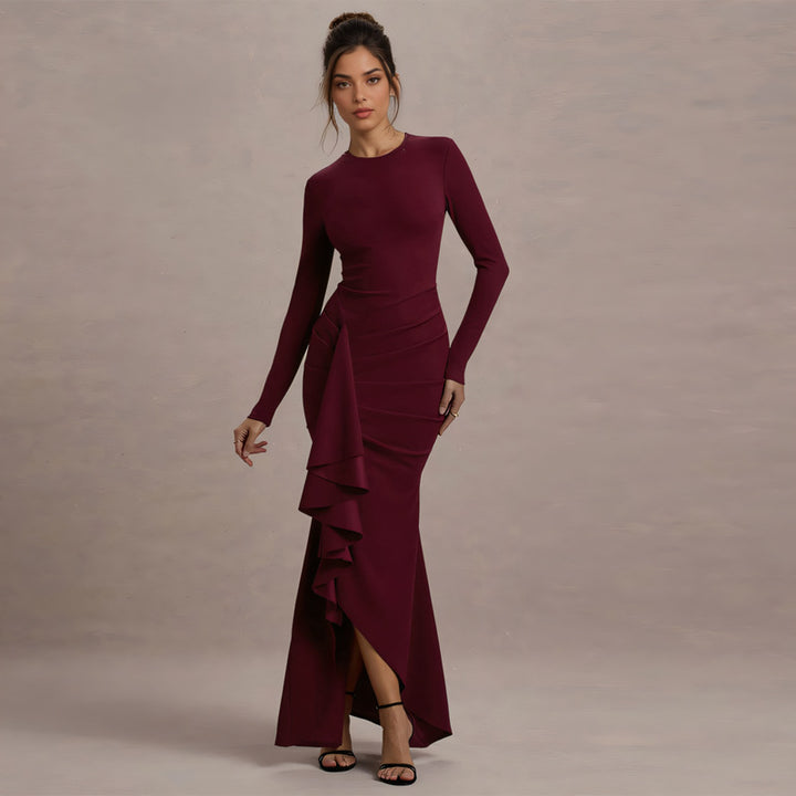 Damen elegantes Maxikleid mit asymmetrischem Rüscheneinsatz und langer Silhouette Drune