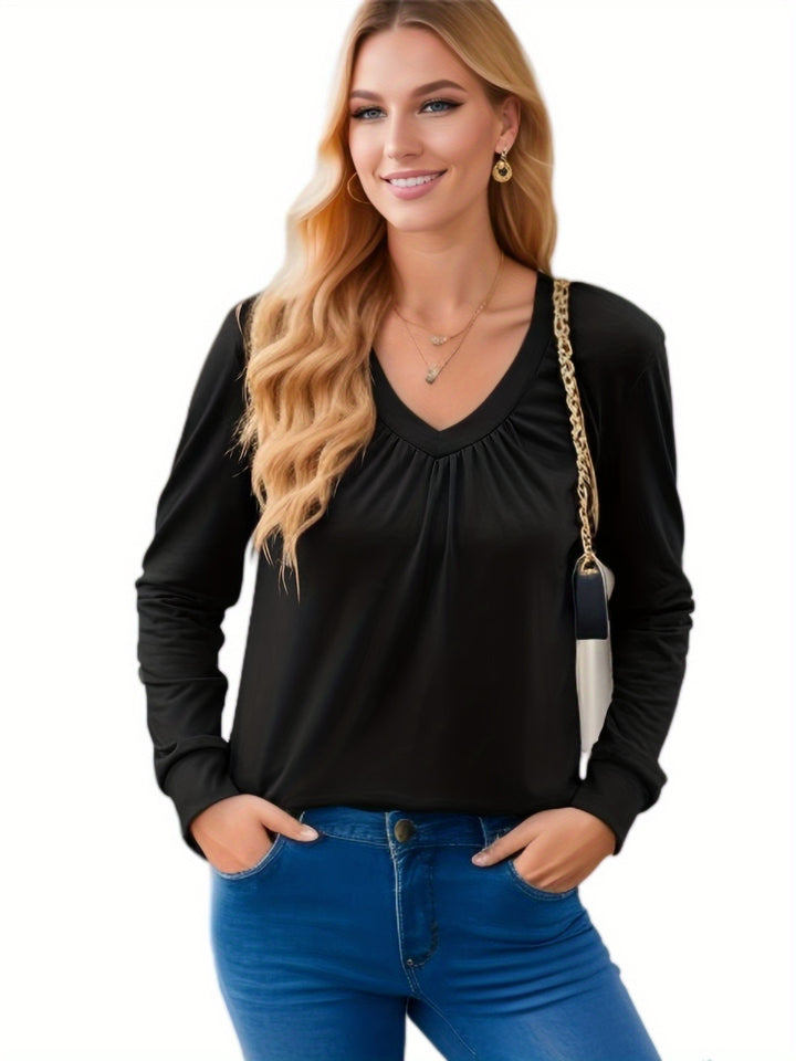 Damen V-Ausschnitt Langarmshirt mit geschmackvollem Faltenwurf und lässiger Passform Drune