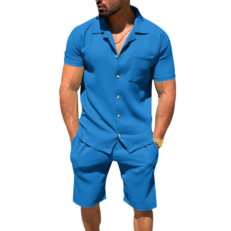 Herren nan lässiges zweiteiliges Freizeitset aus geripptem Jersey mit Hemdkragen Knopfleiste und Shorts Drune