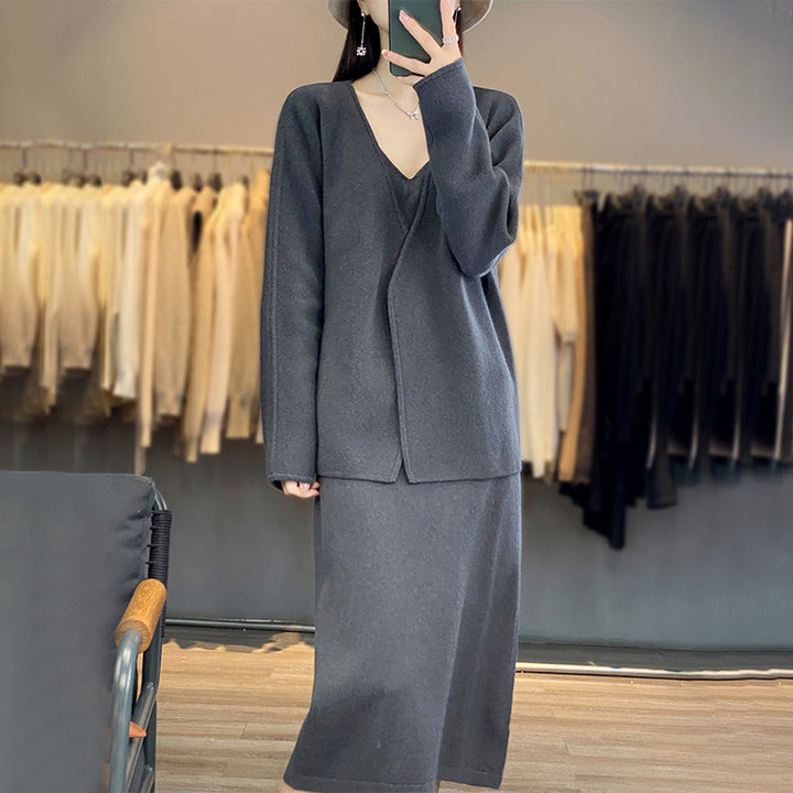 Damen lässiges Strickensemble mit V-Ausschnitt und asymmetrischer Schnittführung Drune